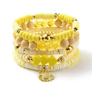 Wood & Stone & Polymer Clay Heishi Beads Stretch Bracelets Sets, Power Stackable Preppy Bracelets with Sunflower Charm for Women, Yellow, Inner Diameter: 2 1/8~2-1/4 inch(5.5~5.8cm), 5Pcs/set