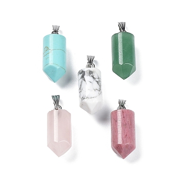 Natural & Synthetic Mixed Gemstone Pointed Pendants, Bullet charms with Stainless Steel Color Plated 201 Stainless Steel Snap on Bails, 26x10.5mm, Hole: 7x3.5mm