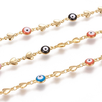 Handmade Brass Link Chains, with Enamel and Spool, Soldered, Long-Lasting Plated, Flat Round with Evil Eye & Star,Colorful, Real 18K Gold Plated, 11x6.5x4mm and 10x5.5x2mm, about 32.8 Feet(10m)/roll