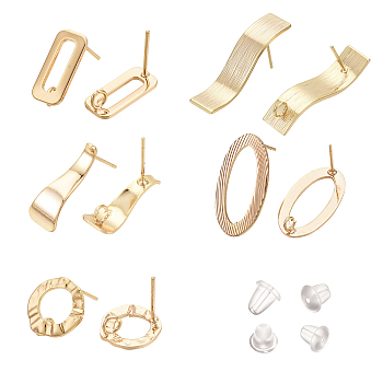 20Pcs 5 Style Brass Stud Earring Findings, with Loop, with 40Pcs Plastic Ear Nuts, Oval & Ring & Rectangle & Trapezoid, Real 18K Gold Plated, 12.5~28x7~13.5mm, Hole: 2~2.5mm, Pin: 0.7~0.8mm, 4pcs/style