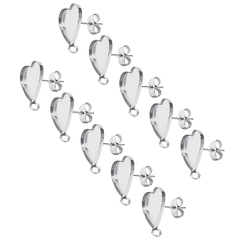 Unicraftale 304 Stainless Steel Stud Earring Settings, with Loop & Ear Nuts, Earring Backs, Heart, Stainless Steel Color, 60pcs/box