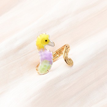 304 Stainless Steel Cuff Open Rings, with Enamel, Sea Horse, Inner Diameter: 18mm