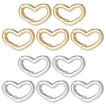 10Pcs 2 Colors Brass Spring Gate Rings, Cadmium Free & Nickel Free & Lead Free, Heart, Real Gold Plated & Real Platinum Plated, 11.5x17x2.5mm, 5pcs/color