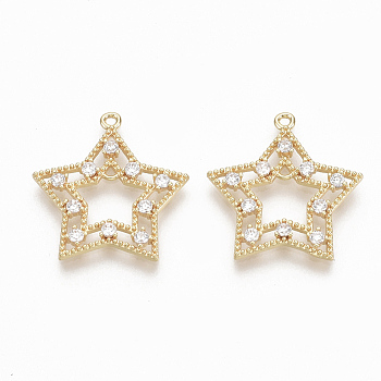 Brass Micro Pave Clear Cubic Zirconia Links, Nickel Free, Star, Real 18K Gold Plated, 21x19.5x2mm, Hole: 1.2mm