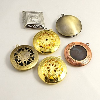 Brass Locket Pendants, Photo Frame Charms for Necklaces, Mixed Shapes, Mixed Color, 22~42x6~10mm, Hole: 2mm