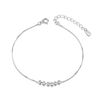 SHEGRACE Simple Elegant Rhodium Plated 925 Sterling Silver Anklet, with Six Small Beads, Platinum, 21cm