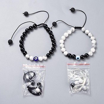 Adjustable Nylon Thread Braided Bead Bracelets Sets, with Handmade Lampwork Evil Eye Beads, Natural Gemstone Beads and PVC Tubular Rubber Cord, 2-1/8 inch~3-3/4 inch(5.4~9.5cm), 2pcs/set
