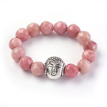 Natural Rhodochrosite Stretch Rings, with Alloy Buddha Beads, Faceted, Round, Antique Silver, Size 8, 18mm