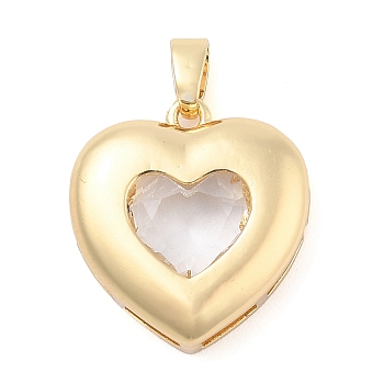 Rack Plating Brass Pendants, Glass Charms, Long-Lasting Plated, Cadmium Free & Lead Free, Real 18K Gold Plated, Heart, Clear, 21.5x20x6mm, Hole: 3x5.5mm