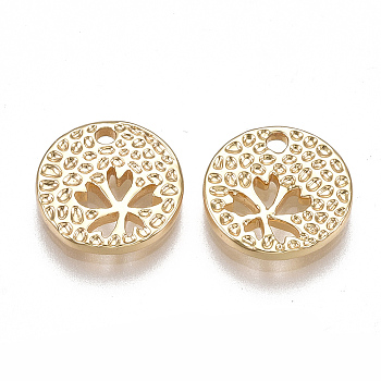 Brass Charms, Nickel Free, Real 18K Gold Plated, Flat Round with Clover, 11x2mm, Hole: 1.5mm