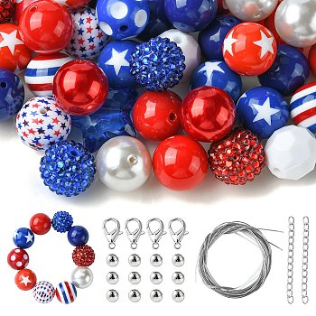 50Pcs 8 Style Acrylic Beads, Independence Day Theme, Round and Star, Mixed Color, 19~20x18~20mm, Hole: 2.7~3.2mm