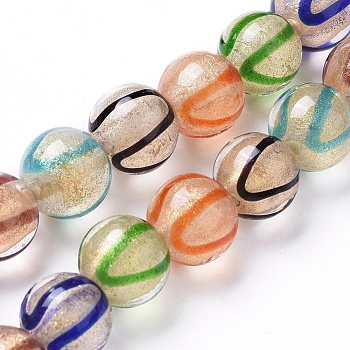 Handmade Lampwork Beads Strands, Gold Powder, Round, Mixed Color, 12x11~11.5mm, Hole: 1.6mm, about 30pcs/strand, 13.1 inch(33.5cm)