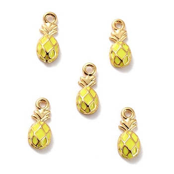 Brass Enamel Pendants, Long-Lasting Plated, Cadmium Free & Lead Free, Real 18K Gold Plated, Pineapple, Yellow, 9.5x4x2mm, Hole: 1mm