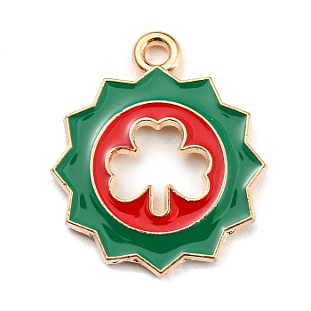 Saint Patrick's Day Alloy Enamel Pendants, Light Gold, Flower with Clover Charm, Red, 22x19x1.5mm, Hole: 2mm