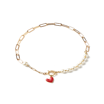 Glass Pearl Beaded Necklaces, with 304 Stainless Steel Paperclip Chains and Heart Charms, Golden, Red, 16.73 inch(42.5cm)