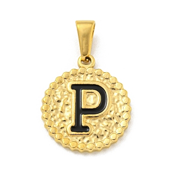 Ion Plating(IP) 304 Stainless Steel Enamel Pendants, Golden, Flat Round with Letter Charm, Letter P, 21x18x2mm, Hole: 8x3.5mm