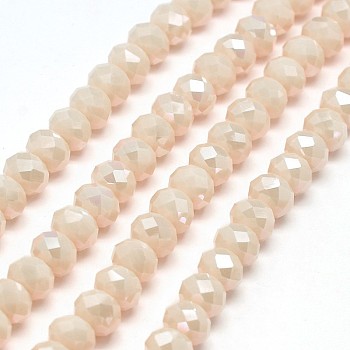 Electroplate Opaque Solid Color Crystal Glass Rondelle Beads Strands, Faceted, AB Color Plated, PeachPuff, 10x7mm, Hole: 1mm, about 70pcs/strand, 20 inch