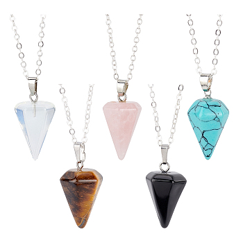 AHADERMAKER 5pcs 5 colors  Glass Imitation Gemstone Cone Pendant Necklaces Set, Silver Plated Zinc Alloy Jewelry for Women, Mixed Color, 18.43 inch(46.8cm), 1Pc/color