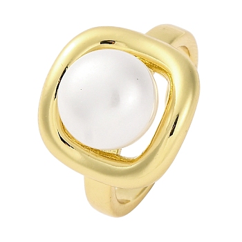 Brass Square Open Cuff Rings, Round Resin Finger Rings, Real 18K Gold Plated, 16mm, Inner Diameter: 18mm