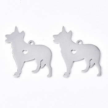 304 Stainless Steel Pendants, Silhouette Charms, Laser Cut, Dog, Stainless Steel Color, 33x29x1.5mm, Hole: 2mm