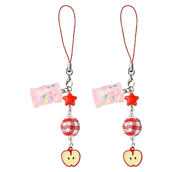 2Pcs Acrylic & Wood & Alloy & Resin Mobile Straps, Apple, Platinum, Red, 130mm