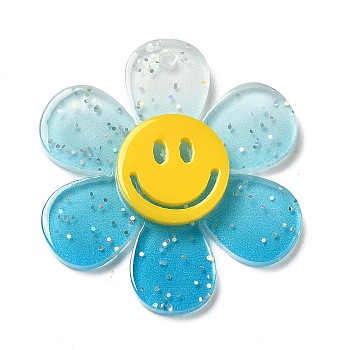 Gradient Color Transparent Acrylic Pendants, with Sequins, Sunflower with Smiling Face Charm, Deep Sky Blue, 30x27x4mm, Hole: 1.6mm