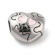 304 Stainless Steel Enamel European Beads, Large Hole Beads, Puzzle Heart, Antique Silver, 10.5x12.5x8mm, Hole: 4mm(STAS-G308-27AS)