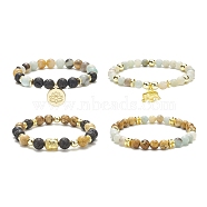 4Pcs 4 Style Natural & Synthetic Mixed Gemstone & Buddhist Head Beaded Stretch Bracelets Set, Lotus & Elephant Alloy Charms Stackable Bracelets for Women, Inner Diameter: 2-1/2 inch(6.3cm), 1Pc/style(BJEW-JB09326)