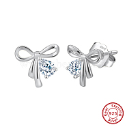 925 Sterling Silver Micro Pave Clear Cubic Zirconia Stud Earrings, Bowknot, Real Platinum Plated, 8.5x9mm(STER-P065-09P)