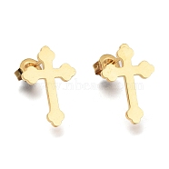 304 Stainless Steel Stud Earrings, with Ear Nuts, Cross, Golden, 16.2x11x1mm, Pin: 0.7mm(EJEW-H100-05G)