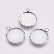 202 Stainless Steel Pendant Cabochon Settings, Plain Edge Bezel Cups, with 304 Stainless Steel Loops, Flat Round, Stainless Steel Color, Tray: 20mm, 26.5x22x2mm, Hole: 3mm(STAS-I088-A-03P)
