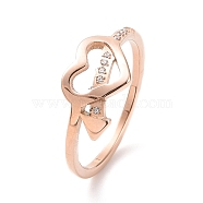 Crystal Rhinestone Heart with Arrow Finger Ring, Ion Plating(IP) 304 Stainless Steel Jewelry for Women, Rose Gold, US Size 5 1/2~9(16.1~18.9mm)(RJEW-D120-18RG)