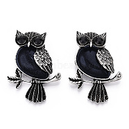 Synthetic Blue Goldstone Dyed Pendants, Antique Silver Plated Owl Charms with Blak Glass, Owl, 45x33.5x19mm, Hole: 8x9.5mm(G-H308-01AS-06)