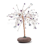 Natural Fluorite Decoration, Healing Stone Tree, for Reiki Healing Crystals Chakra Balancing, Twisted with Copper & Pebble Chassis, Tree, 100~118x84x210~225mm(G-D462-03C-07)