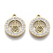 201 Stainless Steel Pendants, with Polymer Clay Crystal Rhinestone, for Religion, Flat Round with Hamsa Hand/Hand of Fatima/Hand of Miriam, Golden, 17x15x2mm, Hole: 1.6mm(STAS-N091-23G)