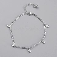 Brass Heart Charm Anklets, with Figaro Chains and Bell Charms, Platinum, 9 inch(22.7cm)(AJEW-B005-29P)