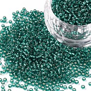 12/0 Grade A Round Glass Seed Beads, Silver Lined, Dark Turquoise, 12/0, 2x1.5mm, Hole: 0.3mm, about 30000pcs/bag(SEED-Q007-F51)