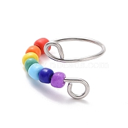 Rainbow Color Glass Beaded Rotating Open Cuff Ring, 201 Stainless Steel Wire Wrap Ring for Anxiety Stress Relief, Stainless Steel Color, US Size 8 3/4(18.7mm)(RJEW-F127-02P)