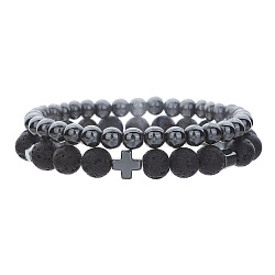 Round Natural Lave Rock & Synthetic Non-magnetic Hematite Beaded Stretch Bracelet Sets, Cross Stackable Bracelets for Men(WC8951-2)