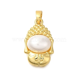 Buddha Shape Rack Plating Brass Pendants, with ABS Imitation Pearl, Lead Free & Cadmium Free, Real 18K Gold Plated, 21x12x5mm, Hole: 4x2.5mm(KK-M079-12G)