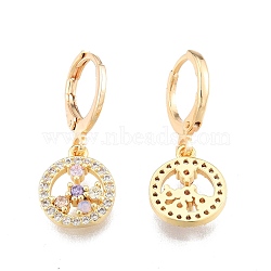 Colorful Cubic Zirconia Flower Dangle Leverback Earrings, Brass Jewelry for Women, Cadmium Free & Nickel Free & Lead Free, Real 18K Gold Plated, 26mm, Pin: 1mm(EJEW-N012-84)