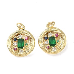 Brass Micro Pave Cubic Zirconia Pendants, Flat Round Charms, Real 16K Gold Plated, Green, 20x17x4mm, Jump Ring: 5x1mm, Inner Diameter: 3.5mm(KK-F930-24B-G)