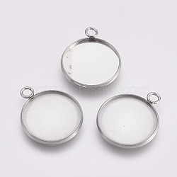 202 Stainless Steel Pendant Cabochon Settings, Plain Edge Bezel Cups, with 304 Stainless Steel Loops, Flat Round, Stainless Steel Color, Tray: 20mm, 26.5x22x2mm, Hole: 3mm(STAS-I088-A-03P)