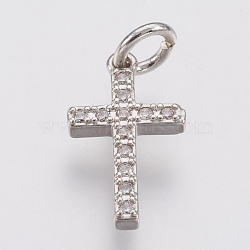 Brass Micro Pave Cubic Zirconia Pendants, Lead Free & Cadmium Free, Cross, Platinum, 16x8.5x2mm, Hole: 2.5mm(ZIRC-F083-008P-RS)