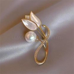 Tulip Alloy Rhinestone Brooches, with ABS Imitation Pearl, Golden, 52x30mm(PW-WG17BA4-01)