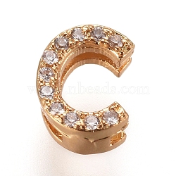 Golden Plated Brass Micro Pave Cubic Zirconia Slide Charms, Letter, Clear, Letter.C, 7~7.5x1.5~6.5x3mm, Hole: 6x1mm(ZIRC-L075-61C-G)