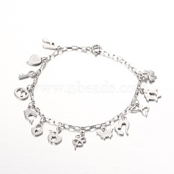Tarnish Resistant Stainless Steel Charm Bracelets, with Spring Ring Clasps, Stainless Steel Color, 7-1/4 inch(183mm)(BJEW-JB01927)