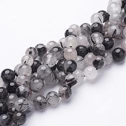 Natural Black Rutilated Quartz Beads Strands, Round, 8mm, Hole: 1mm, 23pcs/strand, 8 inch(G-D295-8mm)