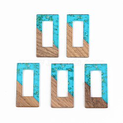 Transparent Resin & Walnut Wood Pendants, with Gold Foil, Rectangle, Dark Turquoise, 38x19.5x3mm, Hole: 2mm(RESI-S389-057A-B03)