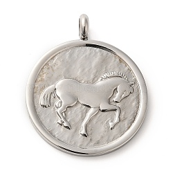 304 Stainless Steel Pendants,  Stainless Steel Color, Flat Round, Horse, 40x33x2.5mm, Hole: 5mm(STAS-C086-06D-P)